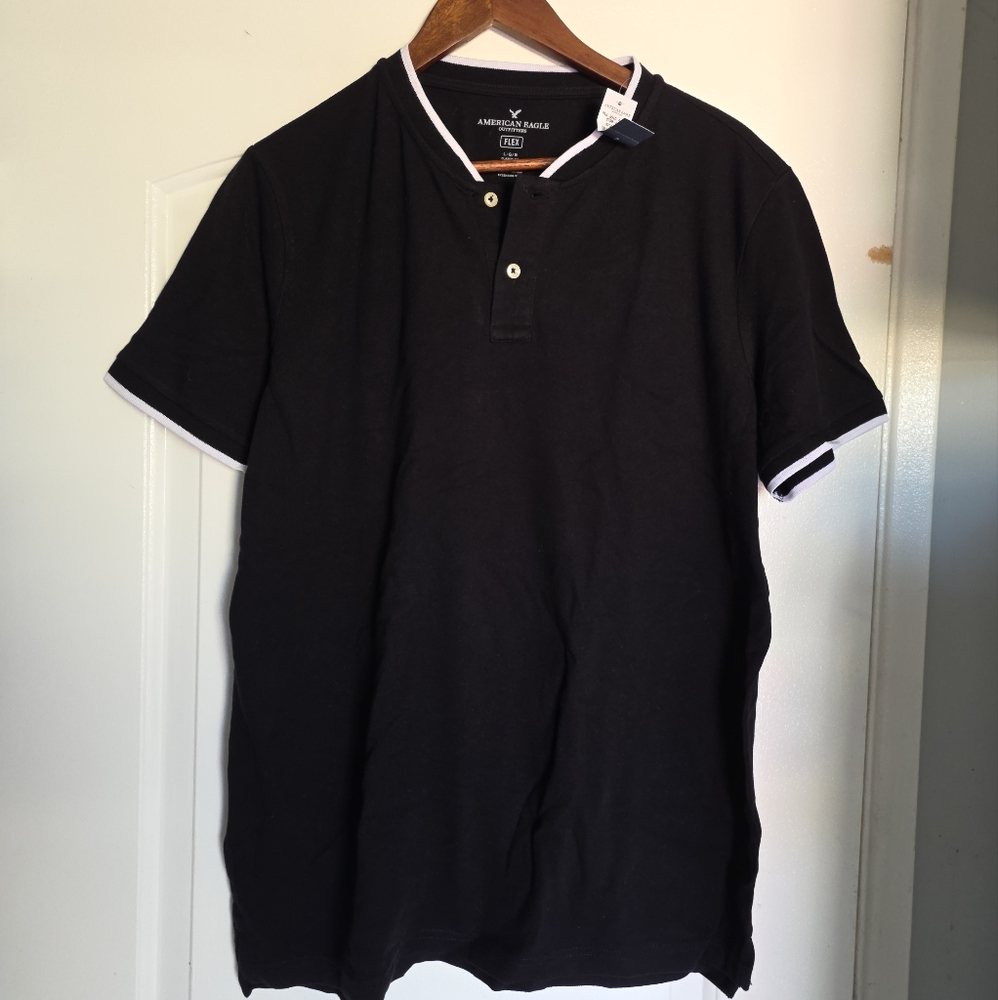 Vintage American Eagle Pique Flex Large Black Henley Shirt Men's